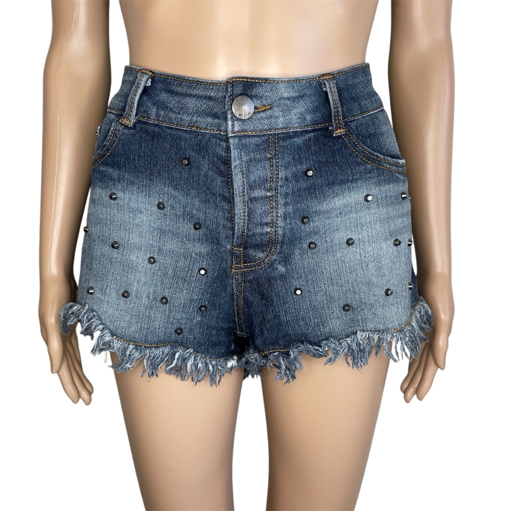 No Boundaries Solid Blue Dark Wash Studded Front Raw Hem Mini Denim Jean Shorts
